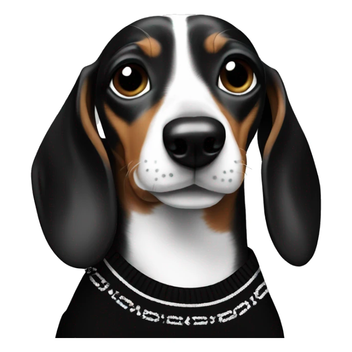 Dachshund wearing black and white Sweater with chanel logo  sticker