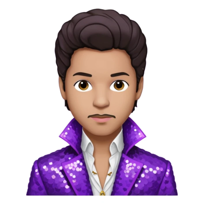 Prince Rogers Nelson with dark brown hair, purple sequin jacket, white shirt sticker