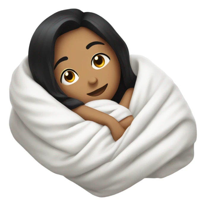 Woman with black hair  laying down cozy in a white blanket  sticker