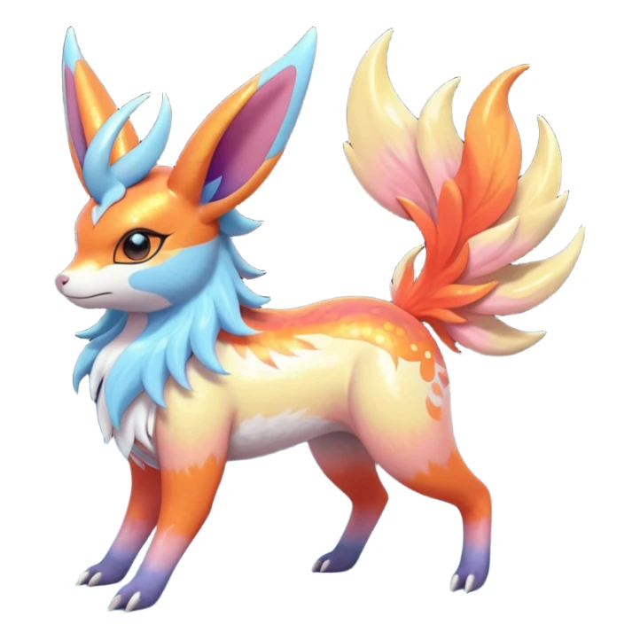  Shiny realistic cool beautiful iridescent light warmly colored reddish-orange-gold-gradients neon vibrant colorful pastel flourishing flurry fuzzy Nargacuga-Palkia-Sylveon-Meloetta-Noibat-fusion-animal-Fakémon-hybrid-creature, by griffsnuff sticker