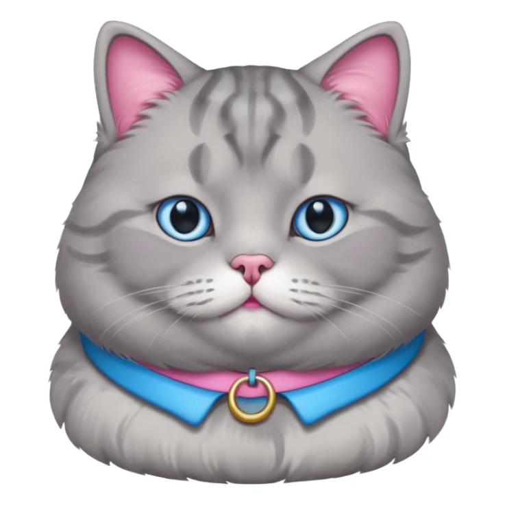 A fat grey cat with a pink collar with blue eyes sticker
