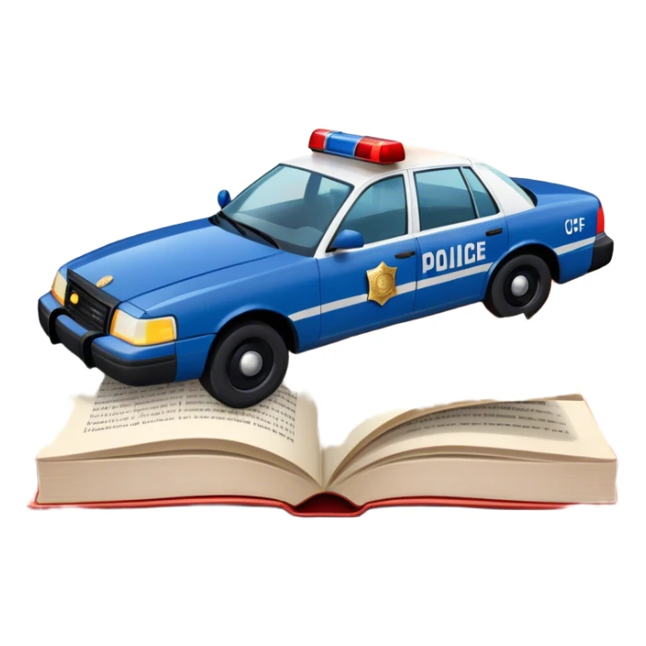 Icon for Action & Crime Reading: an open large book with text on the pages, a police car is driving out, with explosions behind, a helicopter flying above, a pistol with bullets in the front. The icon should capture the thrilling action and suspense of crime stories. Transparent background. sticker