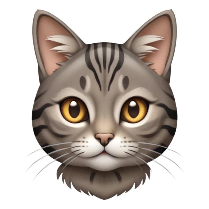 cinematic-cute-grey-and-black-brown-tabby-cat-portrait-emoji,-head-tilted-playfully-and-inquisitively,-sleek-grey-brown-fur-with-bold-black-tabby-stripes-and-a-distinctive-m-shaped-marking-on-the-forehead,-sparkling-amber-eyes,-simplified sticker
