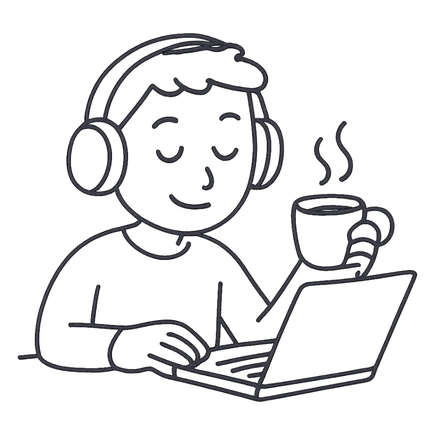 emoji ios 18, guy in headphones at computer, drinking coffee sticker