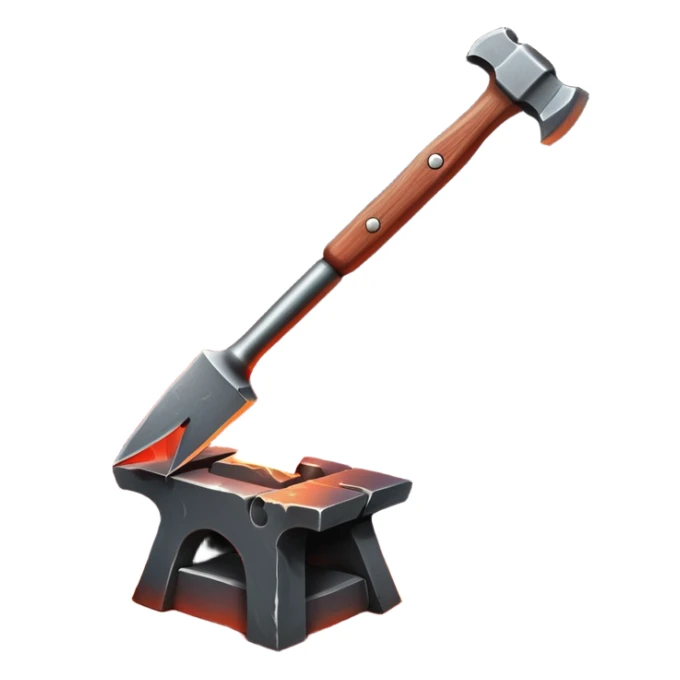 Blacksmithing icon, forged metal piece being shaped with hammer and anvil, glowing red-hot metal, blacksmith tools like tongs and chisel, sparks flying, minimalistic style, clean lines sticker