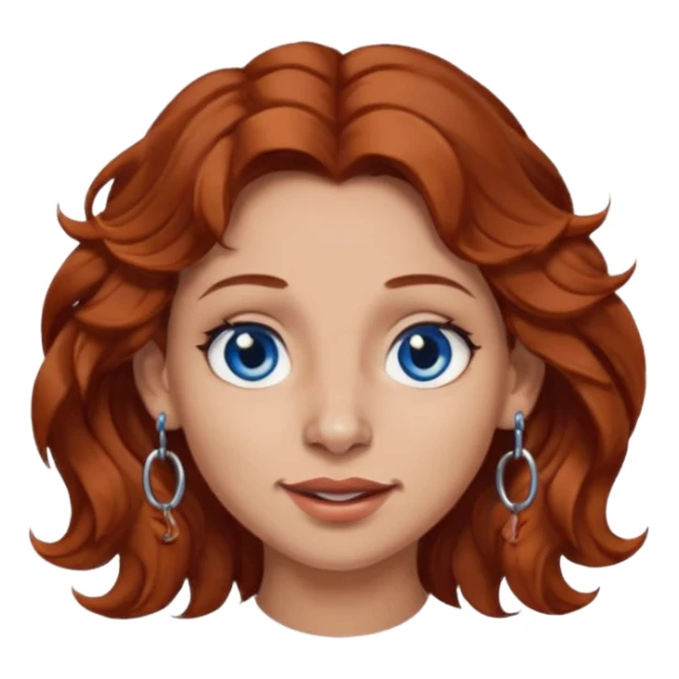 Create a custom emoji-style character inspired by a woman with medium length, wavy reddish-brown hair, light skin tone, dark blue eyes, a nose piercing on each nostril, and hoop earrings. Emphasize a mischievous expression. sticker