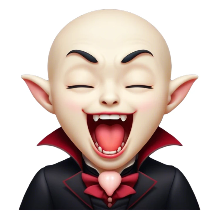 Cinematic Cute Yawning Vampire Portrait Emoji, with a small, rounded, charming pale face accented with tiny playful fangs and droopy, half-closed eyes, head tilted in an adorable wide yawn, dressed in miniature elegant dark attire with a hint of crimson, simplified yet irresistibly endearing, highly detailed with a soft, mysterious glow and gentle outline that captures the cute, drowsy side of an immortal! sticker