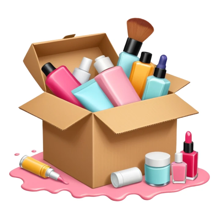 a cardboard box with assorted beauty products like compact, lotion, and nail polish spilling out with a blue background, variation 3 sticker
