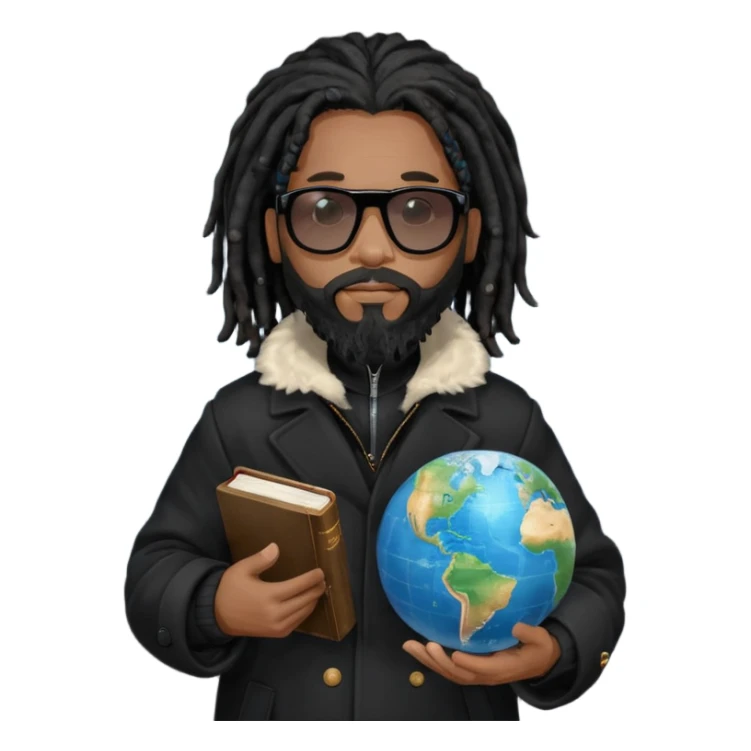 African American man with shoulder length black dreadlocks with black beard wearing black sunglasses wearing a black bubble winter coat holding a Bible and a Globe in his hands sticker