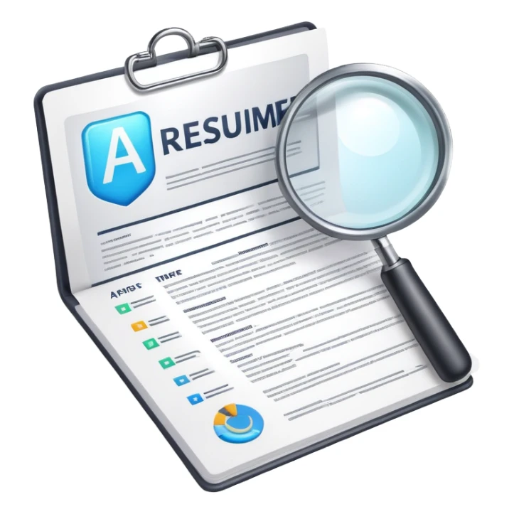 AI Resume Analyzer App logo with document and magnifying glass, 3D style sticker