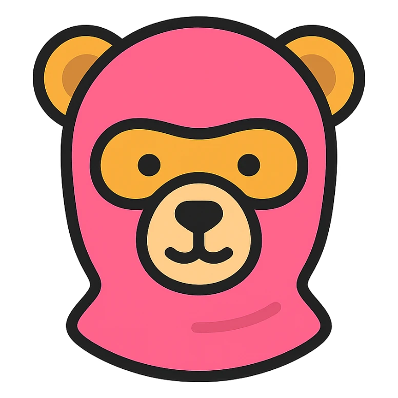bear wearing a pink balaclava, color outline icon sticker