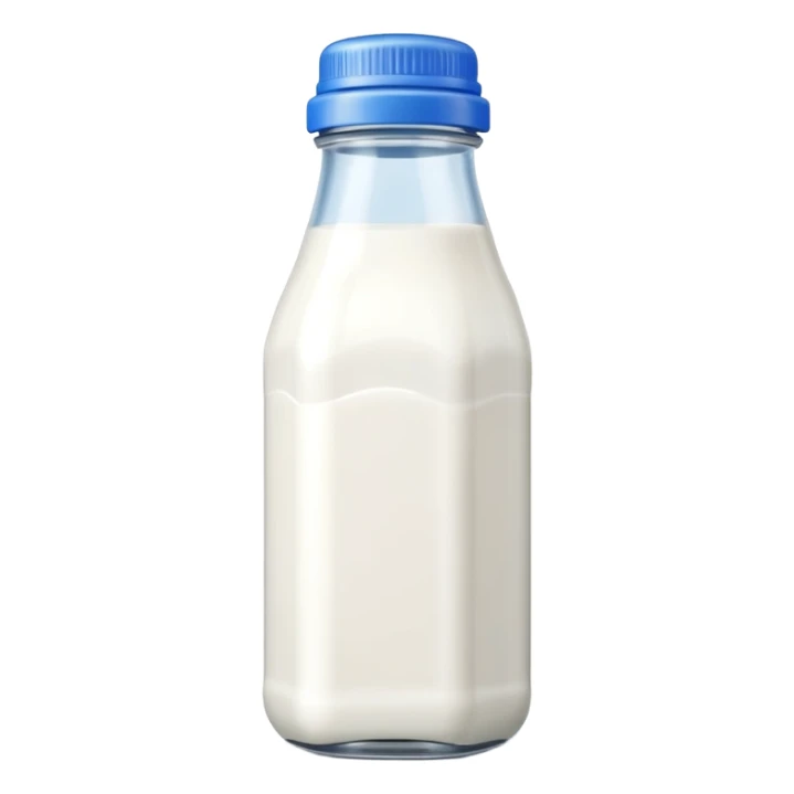 A 3D cartoon bottle of milk with white liquid, blue cap, clean reflections, Memoji-style. sticker
