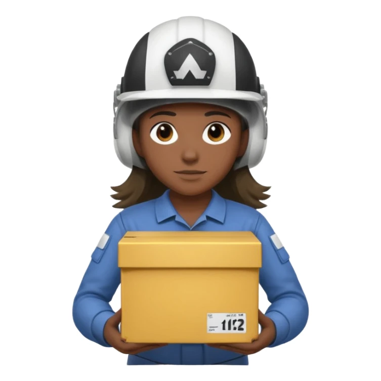 Tengo que dar una capacitacion de orgonomia, necesito un emoji de un operario con pelo largo y casco blanco de manga larga que levante una caja cerrada con las dos manos a la altura de los hombros y que tenga cara de esfuerzo fisico. Que no este saludando, las dos manos sosteniendo la caja.  sticker