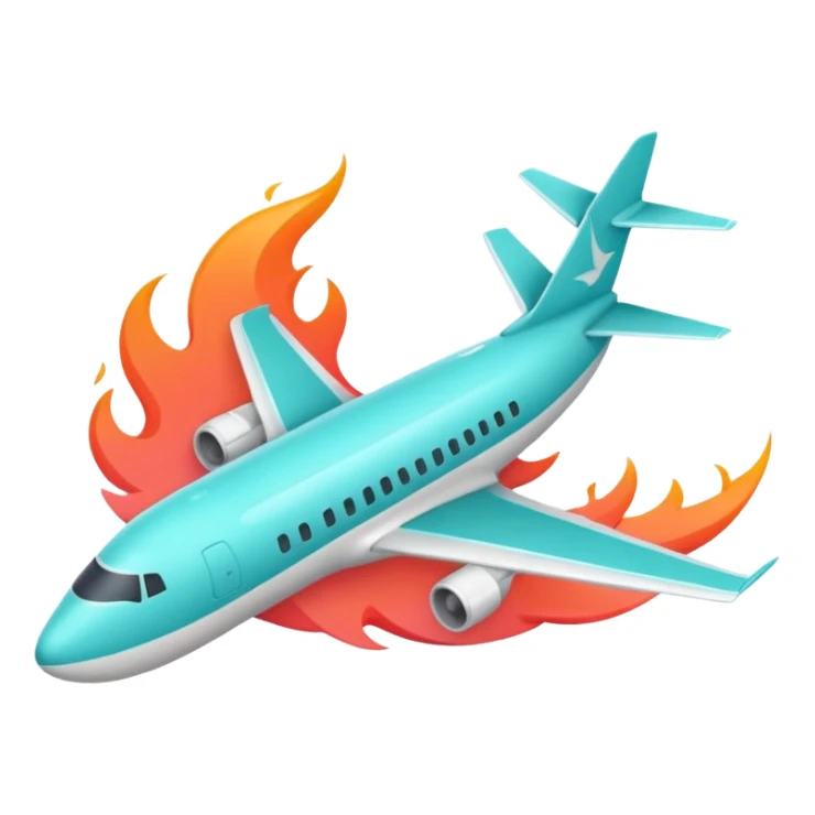 Minimalist flame combined with airplane outline icon, thin contour, monoline vector, premium travel promo emoji, aqua teal and light coral, transparent background, 512x512 sticker