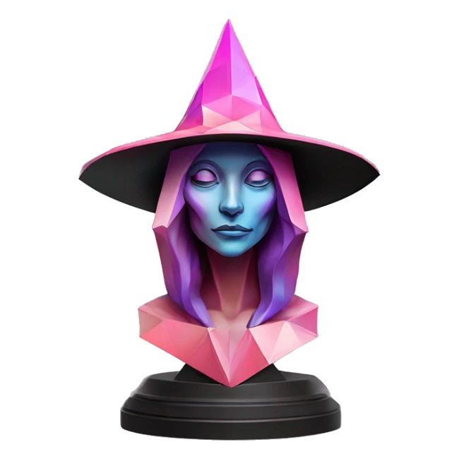standalone sculpture Mage Witch Hat is geometric, faceted design. The sculpture is standing upright on a base with angular and Alphonse Mucha style. The vibrant midtone tints of pastels and pink highlights the sharp edges and planes.  sticker