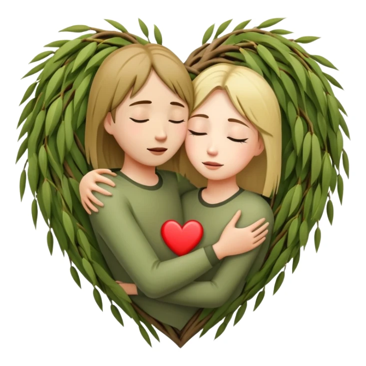 heart-shaped weeping willow tree surrounding two friends hugging in a comforting way, supportive embrace, with small heart symbol sticker