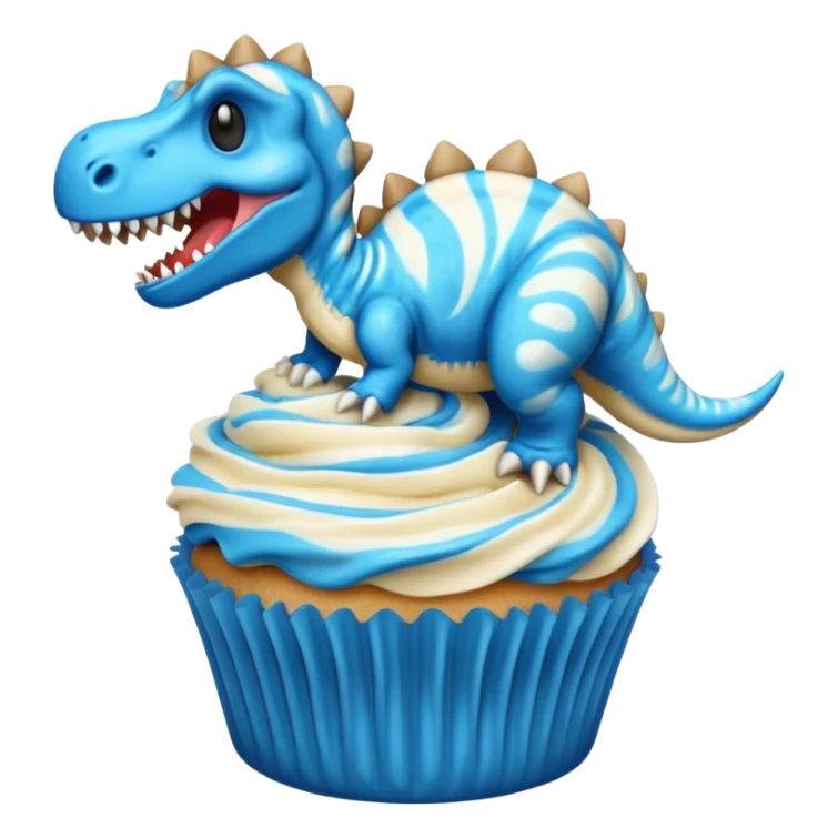 A cupcake having blue and black icing and a dinosaur as a decoration and ice cream next to it sticker