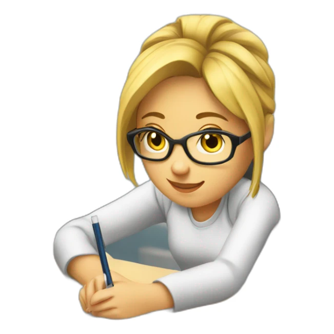 White Smart girl doing Homework on a desk writing on a pice of paper sticker