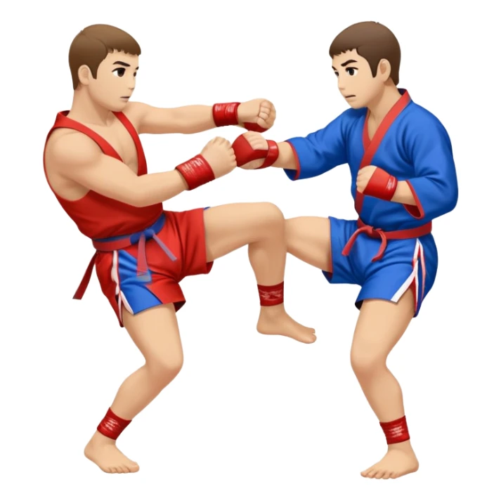 An icon symbolizing Sambo, featuring two fighters in blue and red kimonos with shorts and wrestling shoes. One executes a powerful throw, while the other attempts a defensive grab. The fighters are engaged in a grapple, using joint locks and sweeps.  sticker