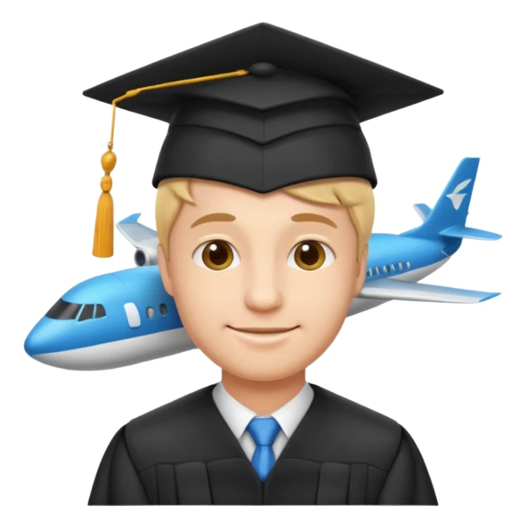 emoji man student at university with graduation cap and airplane, happy, programme erasmus,white background sticker