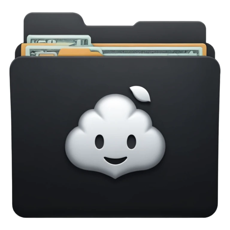 A minimal emoji-style icon of a matte black folder, slightly open, with a simple white or gold finance logo on the front symbolizing growth, stability, and money management, clean lines, subtle shading, and a professional, organized vibe. sticker