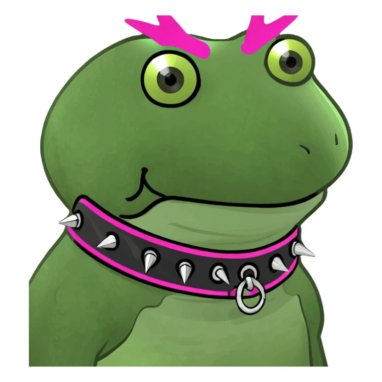 punk frog with spiked collar, neon colors, rebellious expression sticker