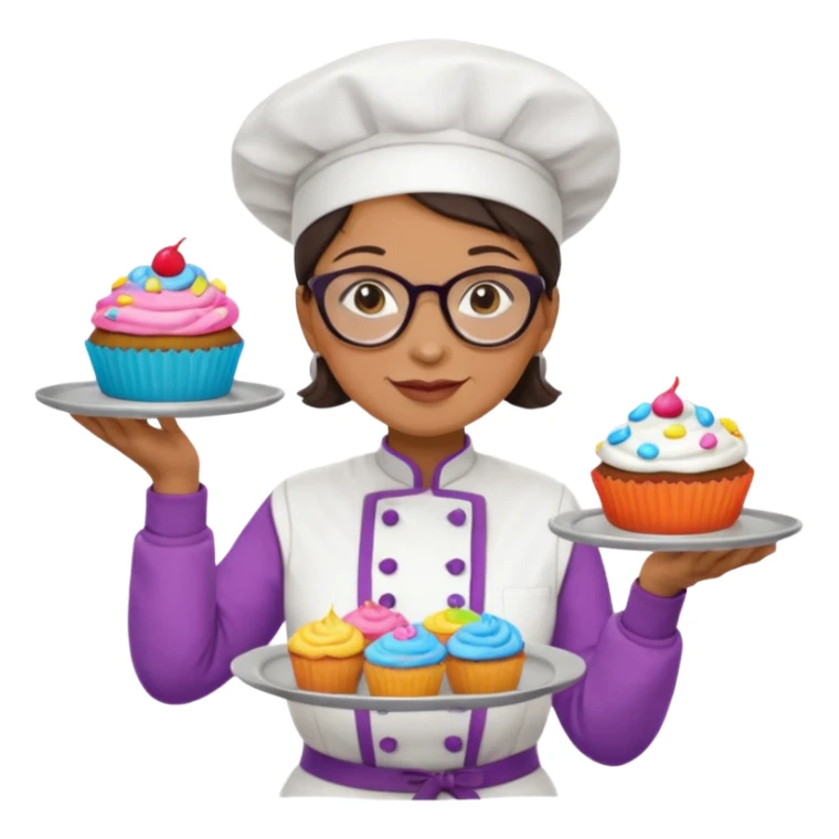 Older female pastry chef – round glasses, oven mitts on, holding a tray of cupcakes

 sticker