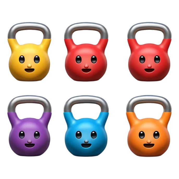 6 colorful cartoon kettlebells with faces, arms, legs, white background. sticker