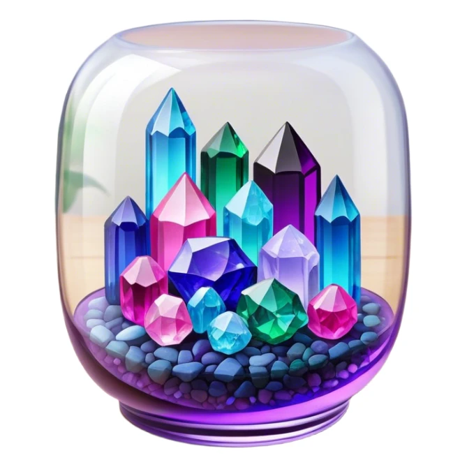 Close-up of vibrant, multicolored crystals growing in a glass container on a wooden table. Crystals in shades of purple, blue, green, pink, and clear are forming in various shapes and sizes. Soft light shines on them. Cozy indoor setting with plants and soft decor in the background. sticker