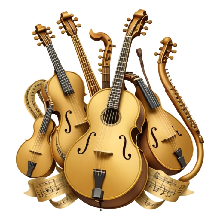 Create a grand, heraldic-style emoji collage representing plucked string instruments. The design should resemble a majestic emblem, featuring a collection of iconic instruments such as a banjo, mandolin, domra, sitar, and other plucked string instruments. Arrange the instruments symmetrically, with their necks and strings intertwining gracefully like a coat of arms. A flowing ribbon of musical notes should elegantly weave through the instruments, creating a sense of harmony and movement. The emblem should have a luxurious, golden and bronze color palette with intricate decorative elements, adding depth and a professional touch. Subtle lighting effects should highlight the polished wood and metal strings of the instruments. The background should be transparent, making the design adaptable for various uses sticker