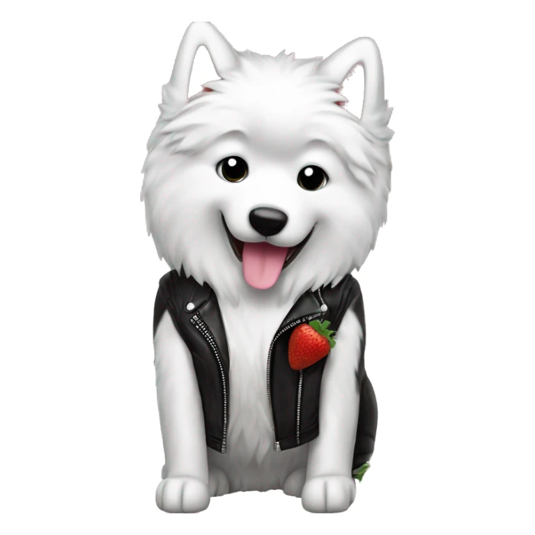 Samoyed dog eating vanila strawberry ice cream flavored wearing black leather jacket  sticker