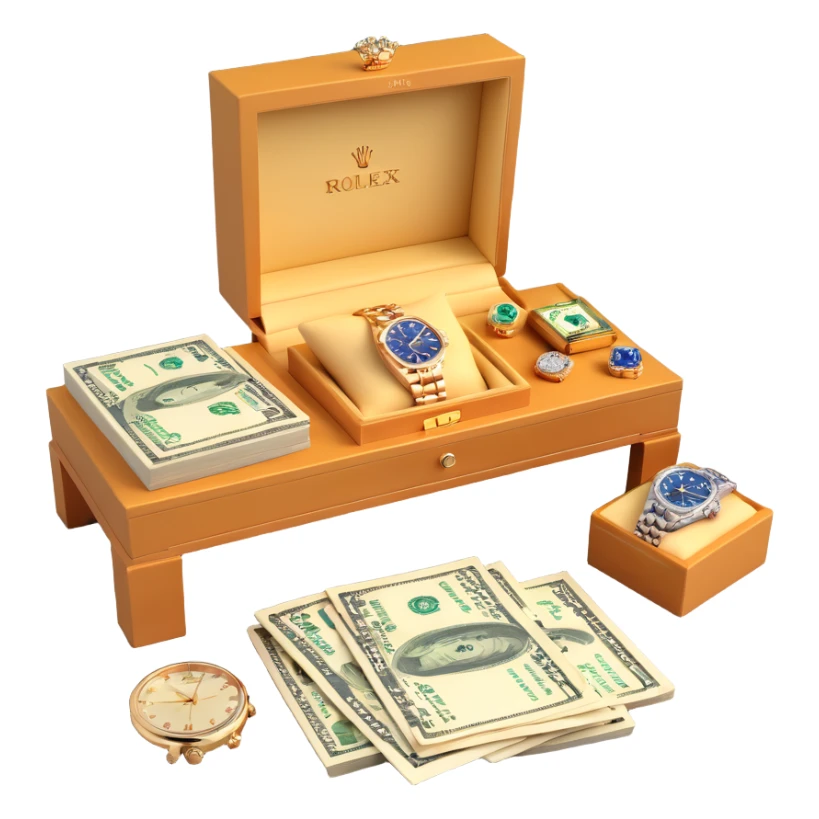 3D table display featuring sparkling jewelry, a Rolex watch, and cash, arranged neatly, realistic and detailed sticker