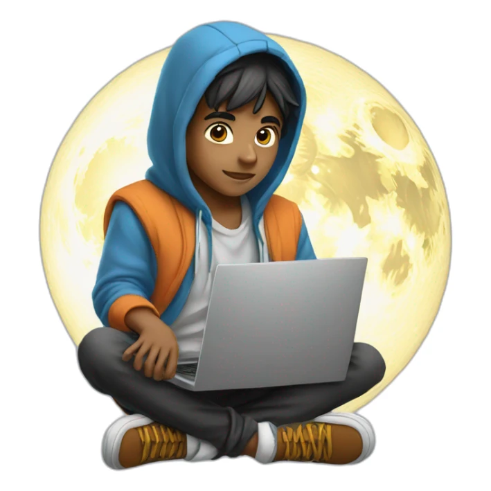 Indian boy wearing a hoodie with laptop sitting on saturn sticker
