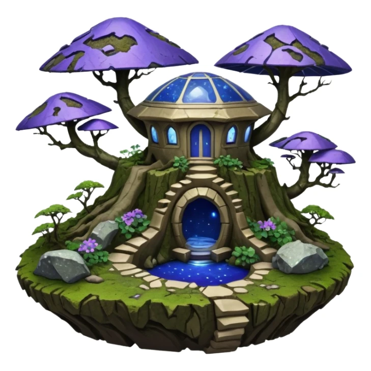 Crashed Alien saucer-castle jungle winding trail mountainside getaway haunted nighttime hobbit landscape antique mudman very old broken cracked intricate Stone Age lapis-crusted irregular dodecagon-shaped shallow dark moss rough bark violet flowered maple treehouse bonsai Saikei sticker