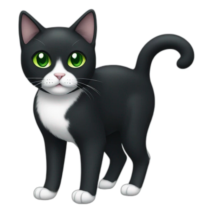 A black cat with green eyes with a white mustache, with a thin white stripe on the nose on the right side, with a full-length white breast and white paws sticker