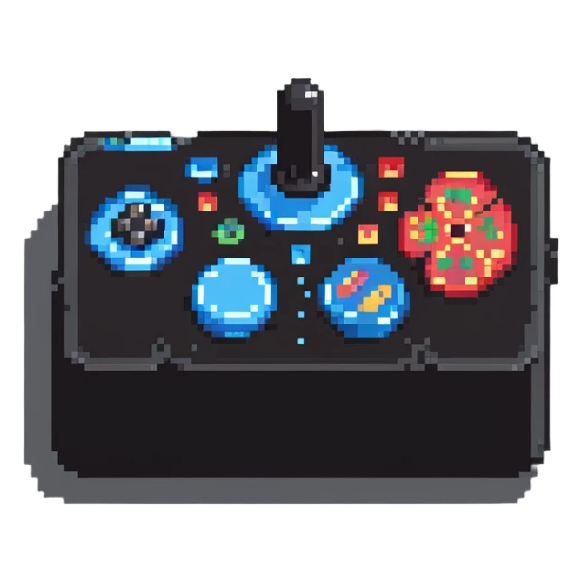 A modern fighting game joystick with multiple buttons in colorful pixel art sticker