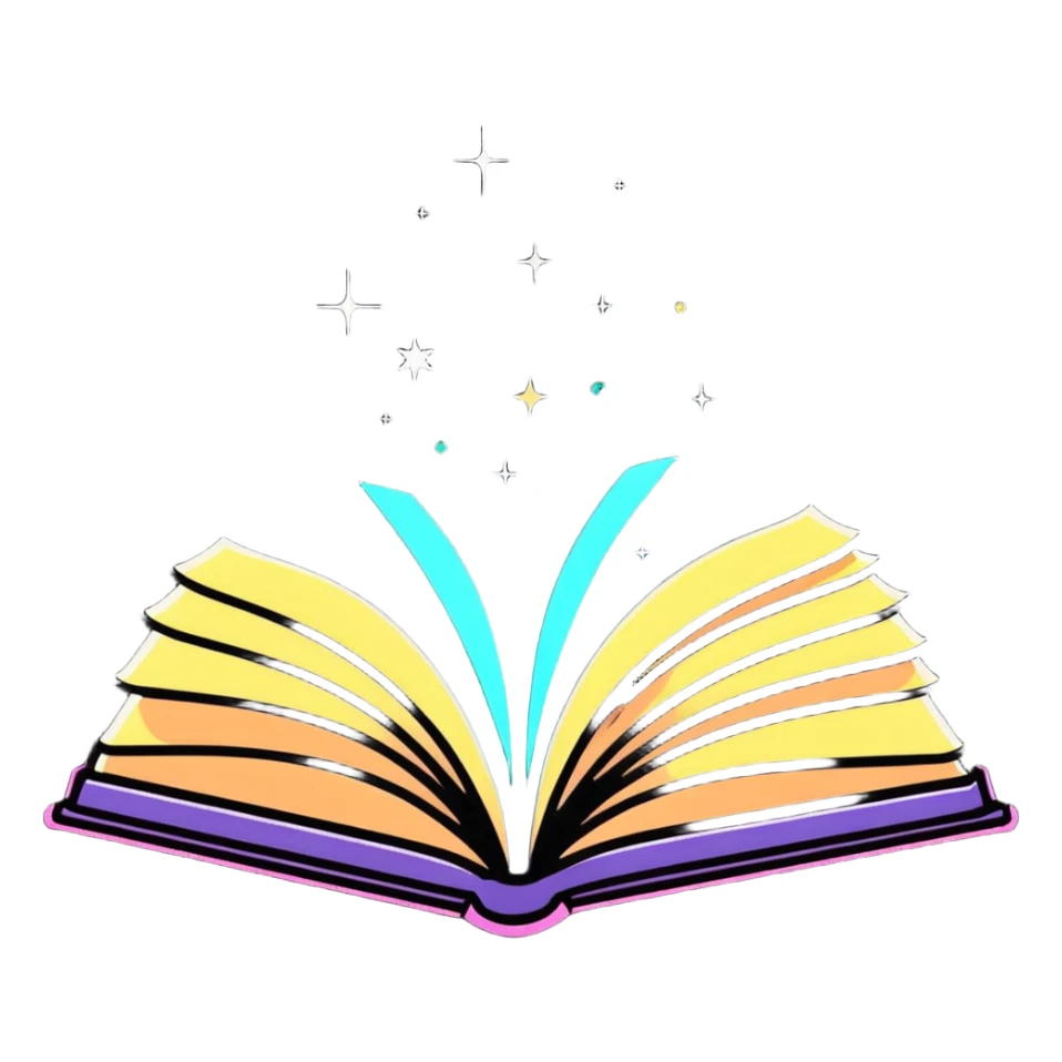 Open book with magical words and glowing sparkles floating above it sticker