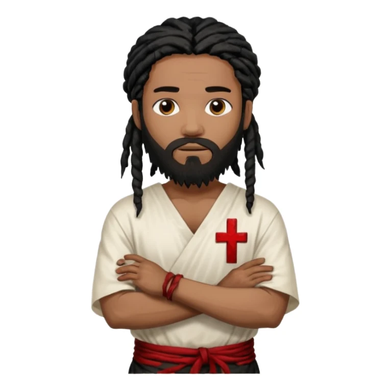 African American man with shoulder length black dreadlocks with black beard wearing a white blood stained white tunic with arms folded together across chest sticker