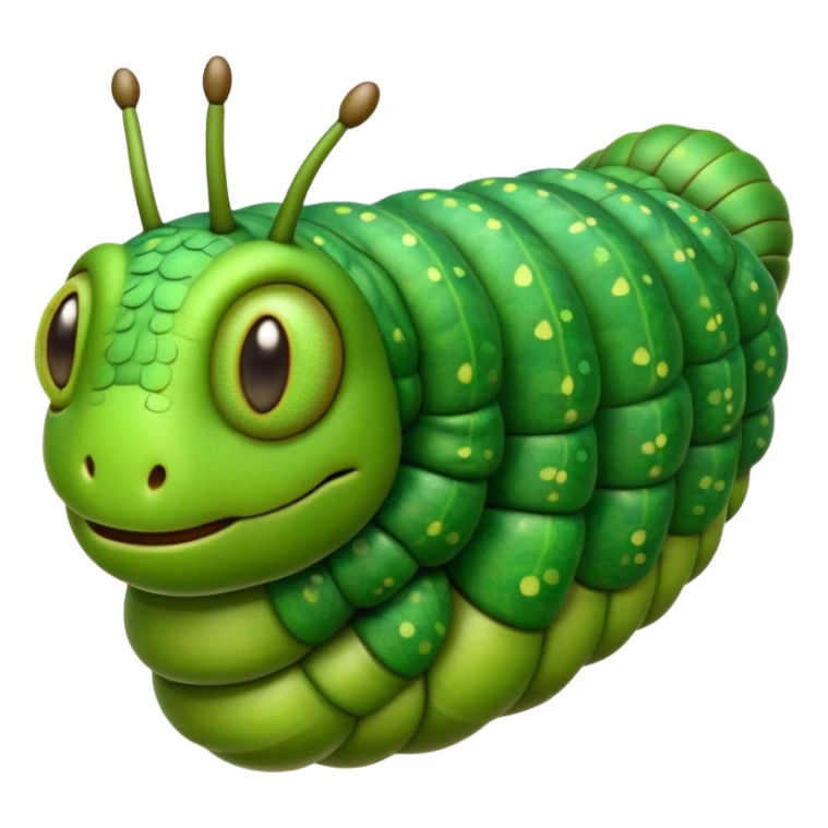 Cinematic Realistic Noble Caterpillar Portrait Emoji, Poised and serene, with a slender, segmented body covered in vivid, detailed green scales accented by subtle natural patterns, and a tiny, focused face with delicate, inquisitive eyes, rendered with lifelike texture and soft natural lighting, high shine, intelligent and delicate, styled with an air of woodland elegance, focused and attentive, soft glowing outline, capturing the essence of a watchful and confident looper caterpillar that appears ready to inch gracefully out of the screen with natural authority! sticker