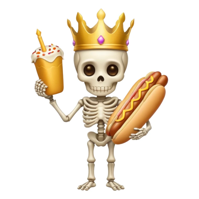 A cute skeleton wearing crown and holding hot dog full body sticker