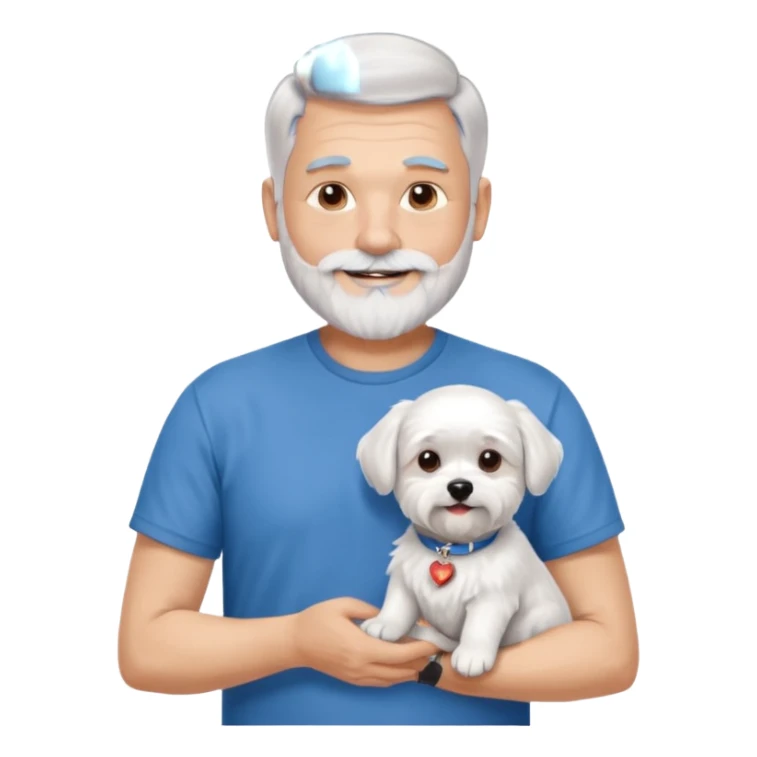 handsome gentleman, 60 years old, crew cut silver hair, full beard, wearing a blue t-shirt, smiling and holding a maltese dog sticker