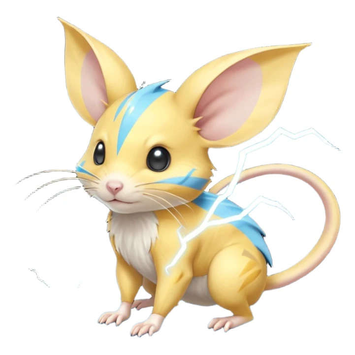 Elemental electrical electric electro lightning-powered mustard-gold-Yellow with cyan-blue bolt-stripe markings Gerbil-Jerboa-Minccino-Emolga-Pachirisu-Pokémon-Fakémon-hybrid-fusion-creature with a tufted tail and blue lightnings bolts sticker