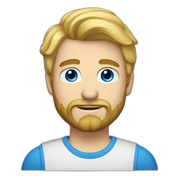 A 27-year-old man with blond hair, blue eyes, beard and mustache sticker