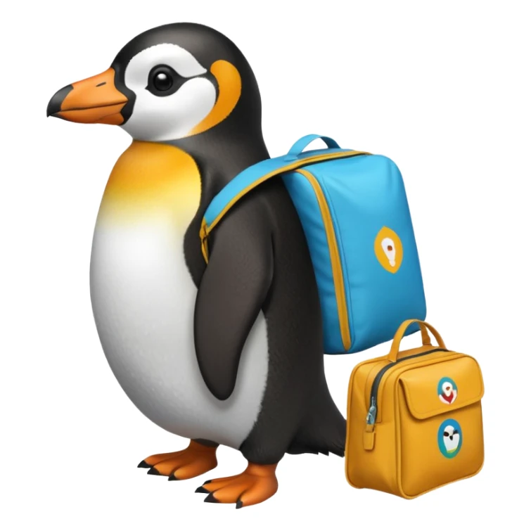 Una persona de apariencia peruana, vestida con ropa característica sin pelo montado a espaldas de un pingüino con una bolsa de la empresa de reparto glovo en la espalda sticker