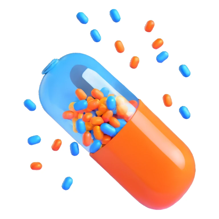 3D medical capsule split open with glossy orange and blue colors, vibrant shiny multicolored confetti exploding out, playful high-quality 3D rendering, floating capsule sticker