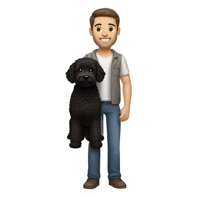 clean-shaven straight-haired brunette man holding black labradoodle sticker