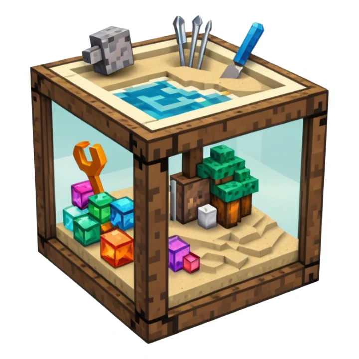 minecraft crafting tabme with tools, stone, wood, glass, sand, ... in a minecraft cube crafting table sticker