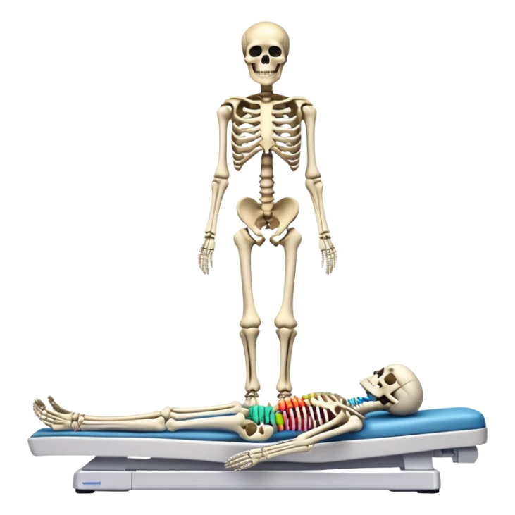 Medical DEXA scan showing bone density measurement, with skeleton visible and colored areas showing density levels sticker