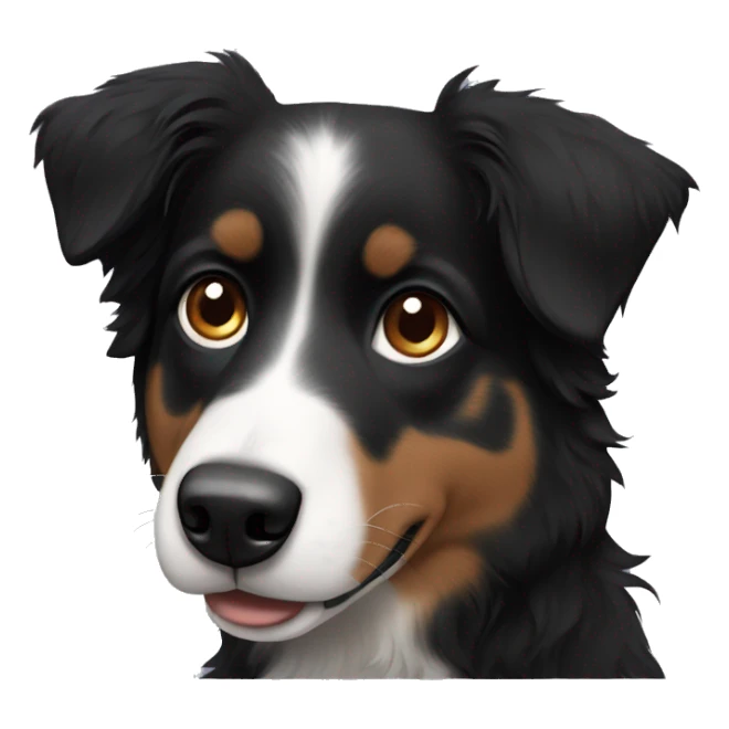 Small black australian shepherd dog with black nose sticker