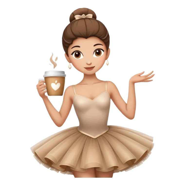 Elegant ballerina in a cappuccino-colored tutu, posing gracefully with a coffee cup sticker